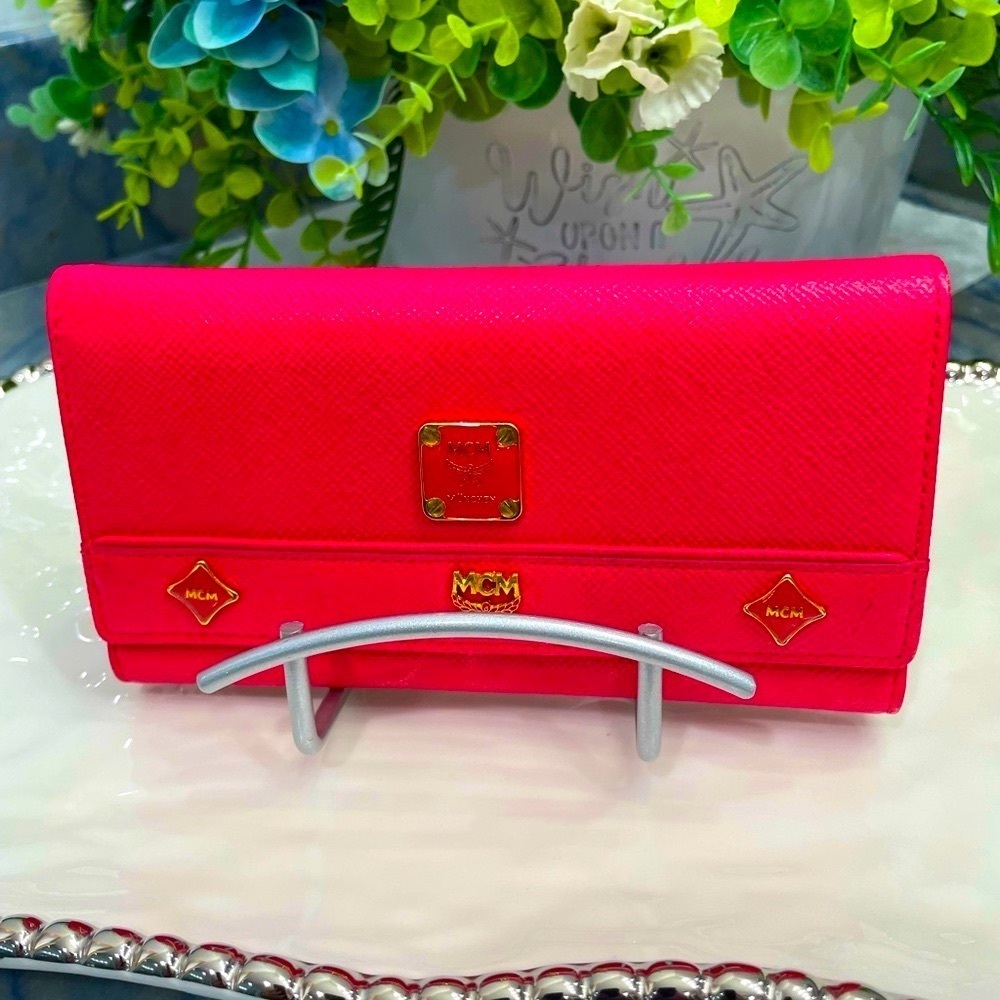 MCM Hot Pink Leather Studded Logo Motifs Wallet